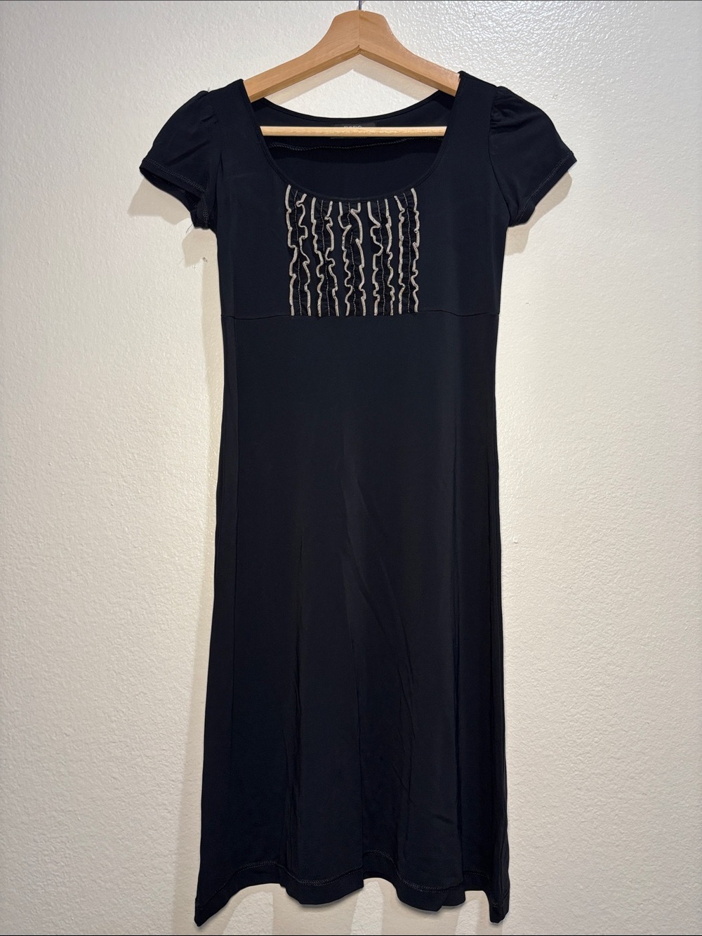 BCBGMaxAzria Black Short-Sleeve Midi Dress with Pintuck Detail